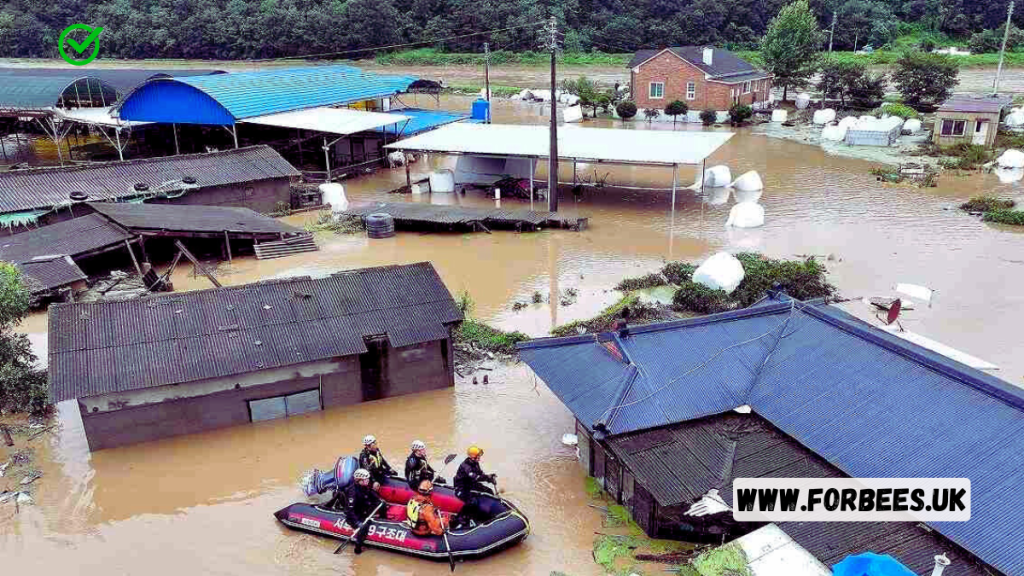 Aerial view of rescue workers in Japan as Typhoon Shanshan