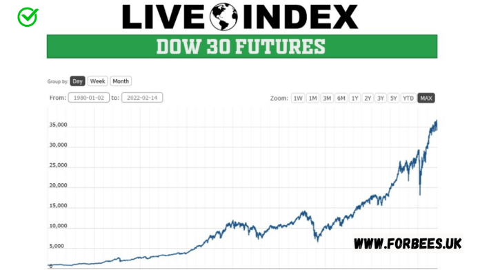 Live Dow Jones index chart displaying real-time market performance with current share price and futures data